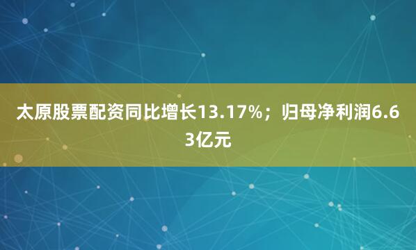 太原股票配资同比增长13.17%；归母净利润6.63亿元